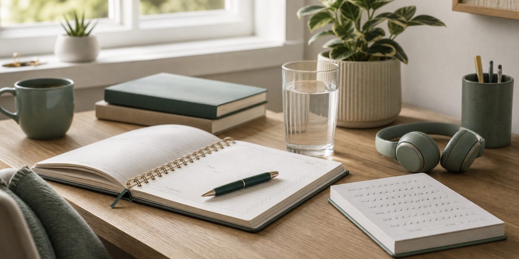 A calm planning desk representing ADHD task paralysis and practical next steps