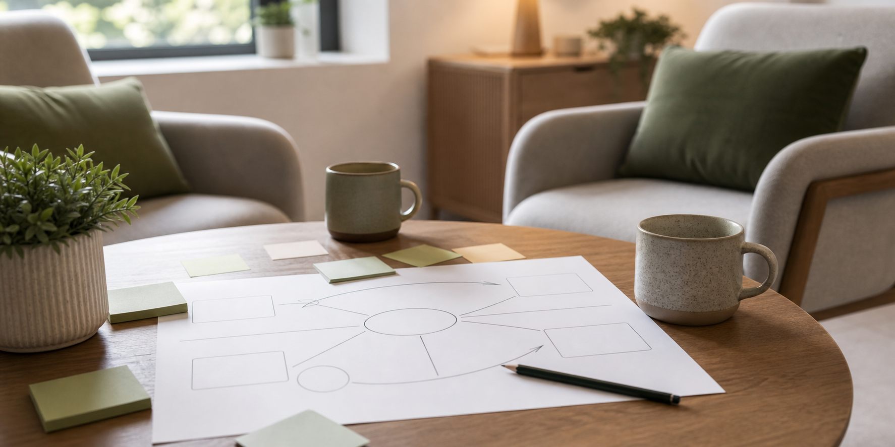 A calm desk scene representing CBT formulation and practical ADHD strategies