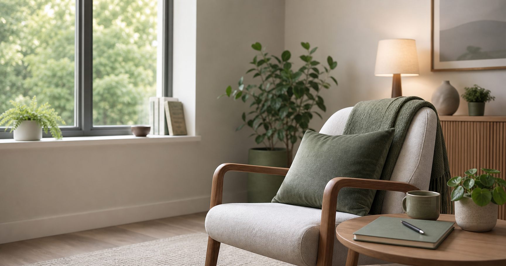 A calm natural scene representing breathing space, anxiety support and emotional regulation