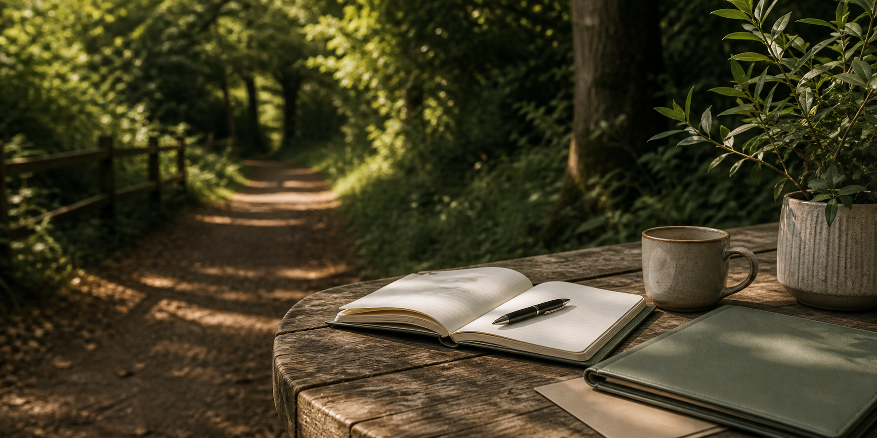 A woodland notebook setting representing practical CBT planning for ADHD and gambling patterns